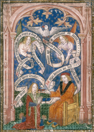 An alchemical disciple receives a book from his master, c1477. The kneeling figure probably represents Thomas Norton. From Norton's alchemical poem, "The Ordinal of Alchemy".