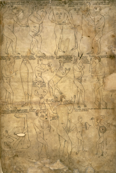 Drawings of the seventeen monstrous races, 1172. Bizarre creatures including giants, pygmies, blemmyae and donestre. Human-like beings, some with animal heads, others with hooves, faces in their chests, or enormous feet. Medieval Europeans imagined the inhabitants of distant lands must be exotic and bizarre. From the Arnstein Bible.