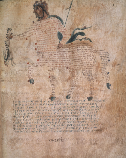 Centaur, 9th century. Mythical creature made of Latin lettering. From the "Aratea".