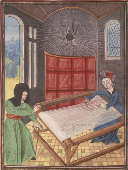 Arachne at her loom, visited by Athena disguised as an old woman, late 15th century. The talented mortal Arachne challenged the goddess Athena to a weaving contest. When Athena could find no flaws in the tapestry Arachne had woven for the contest, the goddess became enraged and beat the girl with her shuttle. After Arachne hanged herself out of shame, she was transformed into a spider. Miniature from "The Metamorphoses" by Ovid.