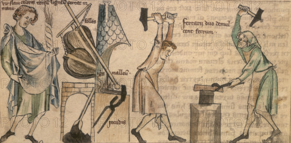 Blacksmiths at work, second half of the 14th century. From a translation of Liber Astrologiae, a Persian astrological treatise.