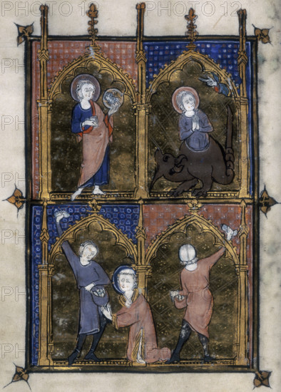 Four miniatures, c1295-c1310. At top right a female saint emerges from the body of a dragon as the hand of God makes a sign of blessing above her. Margaret the Virgin was supposedly swallowed by Satan in the shape of a dragon. She escaped alive when the cross she carried irritated the dragon's innards. Psalter and Horae.