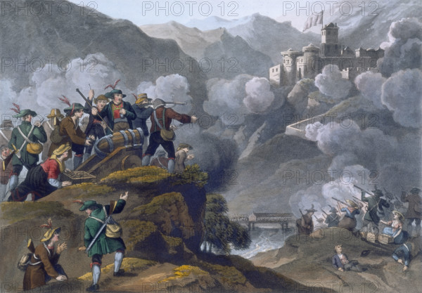 The Tyrolese Patriots, 1819. 'Men & women storming the fortress of Kuffstein [sic] with their Wooden Guns'. Scene from the Siege of the Kufstein Fortress in 1809, one of several anti-Napoleon events. From "Historic, Military, and Naval Anecdotes" by Edward Orme.