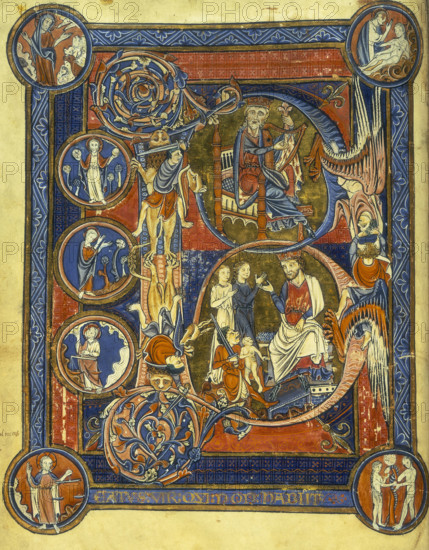 King David playing the harp, and the Judgement of Solomon, c1260. Psalm 1; Beatus initial. David with his harp, and Solomon judging which of the two women is fit to be the mother of the baby both claim is theirs, as a swordsman prepares to cut the child in half. Seven medallions show: Creation of the Firmament; Creation of the Earth and Waters; Creation of the Trees; Creation of the Sun and Moon; Creation of Animals; Creation of Adam; Temptation of Adam and Eve with the Serpent. Other scenes show angels fighting, and men in combat astride lions and dragons. From the Rutland Psalter.