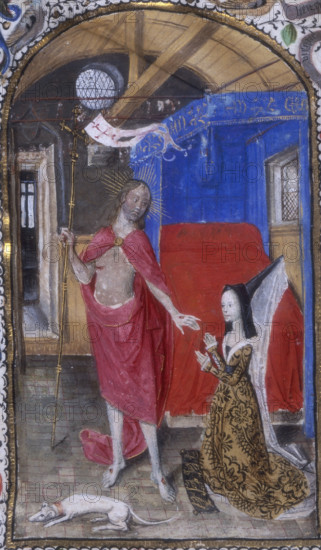 Margaret of York and the Resurrected Christ, c1468. Miniature of the Risen Christ appearing to the kneeling Duchess Margaret of York, sister of Edward IV, as she kneels in prayer within her bedchamber. From the presentation copy for the Duchess of "Dialogue de la duchesse de Bourgogne à Jésus Christ" ("Le dyalogue de la ducesse de bourgogne a Ihesu Crist") by Nicolas Finet. This book was one of two devotional works written specifically for Margaret soon after her marriage to Charles the Bold, Duke of Burgundy, by her almoner, or distributor of alms, Nicolas Finet. While the other book depicts her performing charitable deeds, this book focuses on her private devotions. The two books were intended to shape a Christian princess.
