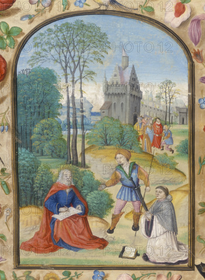 St. Paul Writing His Epistles with John Colet, 1506. The saint sits writing as John Colet, in priestly robes, kneels in devotion. The central figure wears a sword at his waist. John Colet (1467-1519) was an English Catholic priest, educational pioneer, scholar, Renaissance humanist, theologian, and Dean of St Paul's Cathedral in London. He also founded St Paul's School. Miniature by an unknown artist (possibly, school of Simon Bening or a follower of Horenbout working in England), from the Gospels of St Luke and St John, and the Pauline and Catholic Epistles, in Latin.