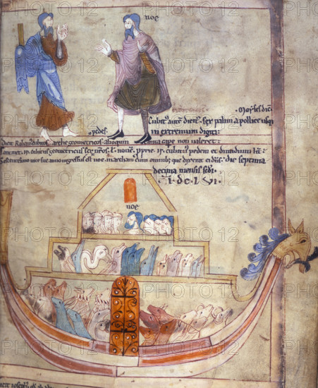 Noah's Ark, second quarter of the 11th century. God speaks to Noah, and below is the Ark with Noah, his family, and the animals. From the Old English Hexateuch.