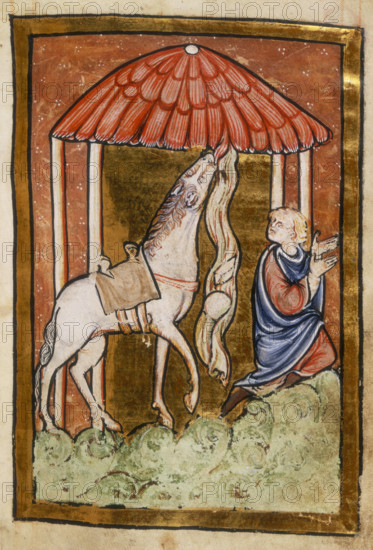Cuthbert's horse pulls down bread and meat, last quarter of the 12th century. St Cuthbert's horse pulls food, miraculously provided, from the straw roof of a shepherd's hut during the journey to Melrose. From Bede's Life of St. Cuthbert.