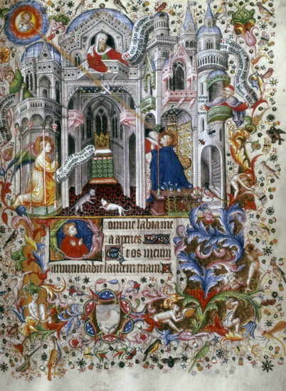The Annunciation, c1407. Golden light pours down from God onto the Virgin Mary as she learns she is to give birth to the saviour. A cat and dog play in the foreground; inhabited initial and decorated border with foliage, birds and figures. At bottom right a naked flagellant is mortifying the flesh. Miniature from a book of hours.