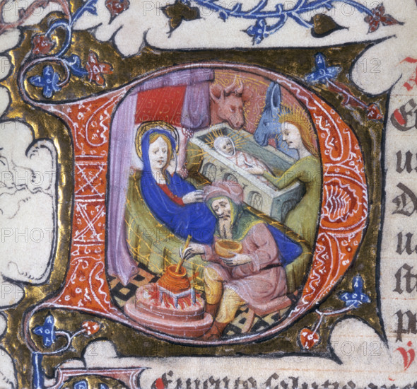 The Virgin, With Christ Laid In The Manger, c1200? Initial D. Mary rests after giving birth, while Joseph stirs a cooking pot, with the fire uncomfortably close to her bed.