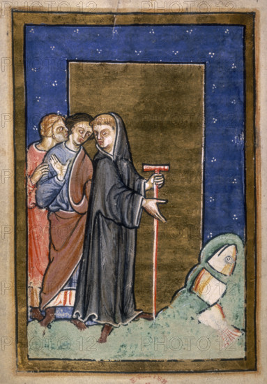 St Cuthbert shows a dolphin sliced in three and ready for cooking, 1200. The saint points at a dolphin that has been provided miraculously as food for him and his companions. From "The Life and Miracles of St Cuthbert" by Bede.