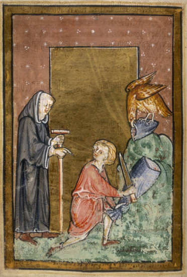 An eagle provides Cuthbert with a fish, and is duly given a share, 1200. From "The Life and Miracles of St Cuthbert" by Bede.