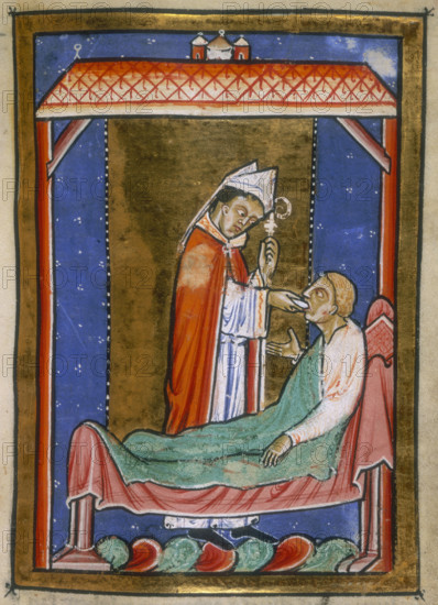 Cuthbert healing an ill man, last quarter of the 12th century. Miniature of the saint healing Hildemer the prefect with bread that he had blessed. From Bede's prose Life of St Cuthbert.