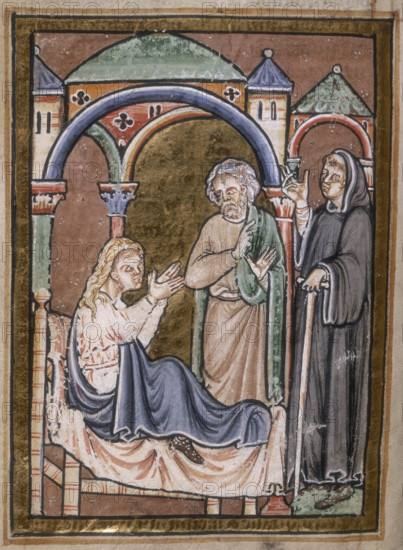 St Cuthbert drives out a devil from the wife of Hildemer, a prefect of King Ecgfrid, 1200. Miniature of Cuthbert healing a woman who was beset by demons. From Bede's prose Life of St Cuthbert.