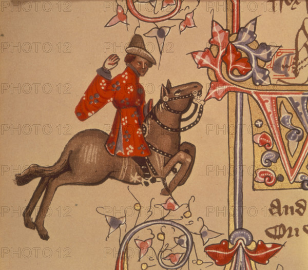 The Merchant, 1911. From a facsimile made in 1911 of "The Ellesmere Chaucer", an early fifteenth century manuscript of "The Canterbury Tales", written by Chaucer in about 1387.