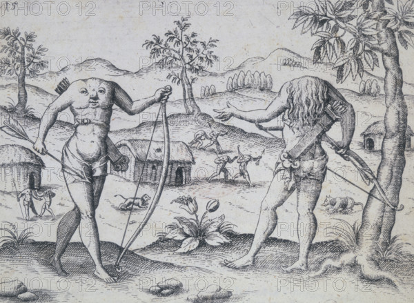 Ewaiponoma or Blemmyae, 1599. Headless human creatures with their faces on their chests and armed with bows and arrows, as described in the accounts of Raleigh's search for El Dorado. Medieval Europeans imagined the inhabitants of distant lands must be exotic and bizarre. From Collection of Voyages, Part V, Kurtze wunderbare Beschreibung des Goldreichen Konigreichs Guianae in America (Short, wonderful description of the gold-rich kingdom of Guinea in America).