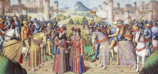 Armies meeting, 1475. Two armies face each other, while in the centre a discussion is taking place. On either side are walled cities.