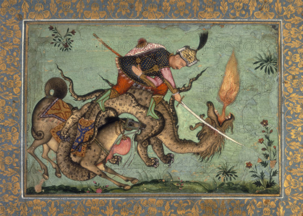 Rustam and his horse Rahksh fighting a dragon. 1640-1660. Rustam, legendary hero in Persian mythology, leaps from his horse to attack a fire-breathing monster with his sword.