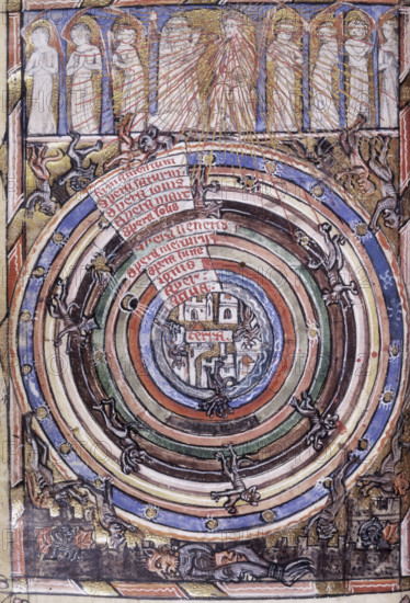 Table of the Spheres between Heaven and Hell, with the Fallen Angels becoming Devils, 1340-1350. The Earth in the centre, surrounded by concentric circles representing the elements, the planets, and in the outer circle, the stars. At the top, figures in an arcade, with God in the centre. At the foot, devils falling into Hell. From The Neville of Hornby Hours.