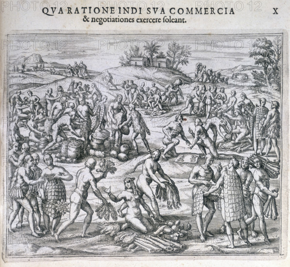 An Indian market near the port of Carthagena, America, 1595. 'Qua ratione indi sua commercia et negotiationes exercere soleant'. A European view of indigenous people. Native Americans, some naked, some wearing cloaks, trade goods at a market, probably at Cartagena in what is now Colombia. Plate X from the accounts of Girolamo Benzoni.