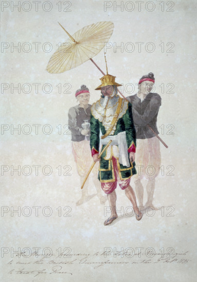The Kinwun Mingyi, (Burmese prime minister), c1826. 'Kee [?] Moongee, proceeding to the Latoo [?] at Necoangbe... [illegible] to meet the British Commissioners [?] on the 2nd October 1825 to treat for Peace'. The Kinwun Mingyi, or Prime Minister, accompanied by servants, proceeding to the Hlutaw, the King's Supreme Court at Nyaungbinzeik, near Prome, Burma. The First Anglo-Burmese War took place 1824-1826.