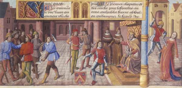 Scenes from Roman history, 1475. A king and courtiers, and a woman being murdered with a spear. Detail of a miniature from Les Fais et les Dis des Romains et de autres gens (index Memorabilia, index Facta et Dicta Memorabilia) (part 2, vol. 1).