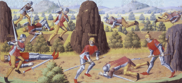 Soldiers fighting on a battlefield, 1475. Armies meeting, scene from Roman history. Detail of a miniature, possibly from Les Fais et les Dis des Romains et de autres gens.