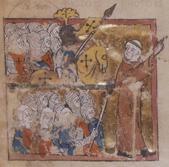 Peter the Hermit leading the Crusades, 1311. Peter was a preacher during the First Crusade. From "Abreviamen de las Estorias"; a summary of Universal History, from the creation of the world to the death of the Emperor Henry VII.