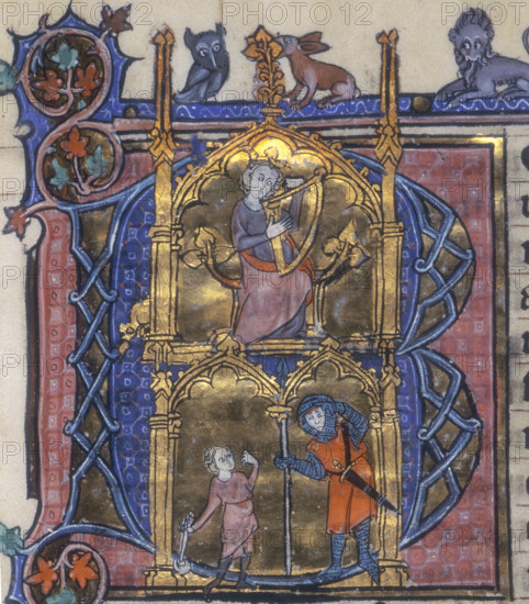 Initial B. Psalter and Horae, c1295-c1310. Scenes from the life of King David. Above: David playing a harp. Below: David and Goliath.