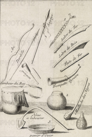 Habillement des Femmes du Roy, 1731. Clothing of the King's Women. Arc, Dardille, Sagaye, 1, Sabre de Fer, Sabre de Bois, Flute de Fer, gongon, Trompette dyvoire, Tambour du Roy, 2, Mailloche des Negres, Houe a labourer, 3, panier d'Ozier. (Bow, Dart, Spear, 1, Iron Sabre, Wooden Sabre, Iron Flute, gongon, Ivory Trumpet, King's Drum, 2, Mallet of the N*groes, Ploughing Hoe, 3, Wicker Basket). From "Voyage du chevalier Des Marchais en Guinea" by Reynaud Des Marchais. Des Marchais, the French navigator, went on his first voyage to Guinea in 1704. During the next twenty years, on recurrent visits, he made a close study of the customs and practices of the various kingdoms.