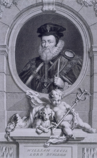 William Cecil, Ist Baron Burghley or Burchleigh, 1743. Portrait of English statesman William Cecil Burghley (1520-1598), within an oval frame. Below are a cornucopia full of coins, a dog with a key, and a child holding a caduceus.