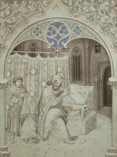 Sir John Mandeville writing an account of his voyage, c1410-c1420. He is writing on a roll of parchment. A curtain separates his study from a high vaulted hall. From Voyage d'outre mer (The Travels of Sir John Mandeville), a book written between 1357 and 1371. It purports to be the travelogue of an Englishman named Sir John Mandeville across the Near East as far as India and China.