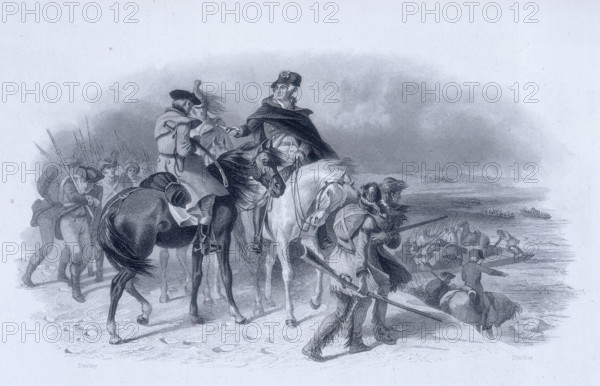 President George Washington crossing the Delaware, December 1776, (c1856-c1859). Washington, on the white horse, on the bank of the Delaware River. His troops can be seen behind him setting off in boats loaded with horses and cannons. In the foreground are Native American scouts. On 25th December 1776, President George Washington crossed the ice-clogged Delaware River accompanied by a small army of 2500. His mission was to launch a surprise attack on the British who were occupying the town of Trenton across the river. The Battle of Trenton was a crucial event in the American defeat over the British in the American Revolution.