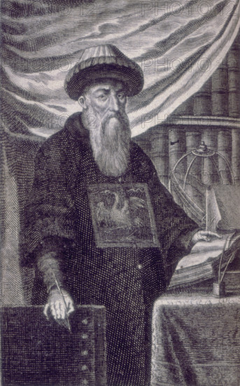 Johann Adam Von Schall, 1672. Portrait of Johann Adam Schall von Bell, German Jesuit missionary, astronomer and instrument-maker, standing in front of a bookshelf. His left hand rests on an opened book, while he holds a quill pen in his right hand. After studying philosophy and theology at the Society of Jesus he went as a missionary to China. He was the first European to become a member of the Chinese court in Peking, and became head of the Office of Astronomy. From "Historica Relatio de ortu et progressu Fidei Ortho". A. Hanckwitz: Ratisbon, 1672.