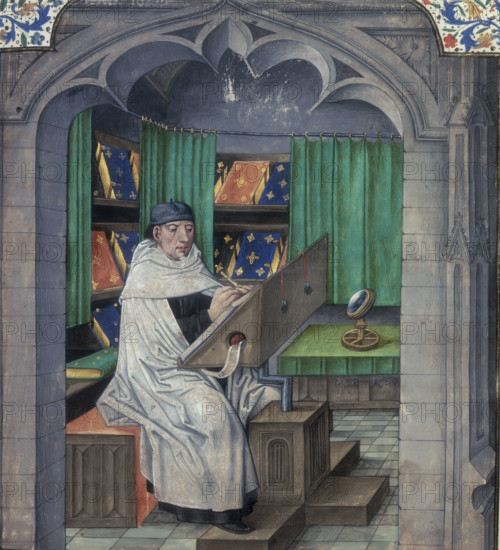 Vincent de Beauvais writing in his study, late 15th century. Dominican priest Vincent de Beauvais is seated at his desk, with a large magnifying glass beside him. He attempted to record the thinking of his day on such subjects as theology, psychology, astronomy, medicine, agriculture and botany, to name but a few. In the background, books are placed on sloping shelves. Borders of foliate decoration, with the arms of King Edward IV, for whom the manuscript was produced. From Speculum Historiale, Book 1.