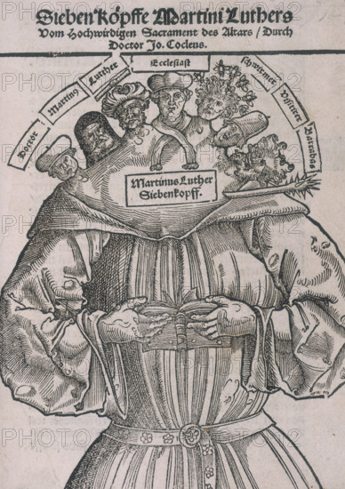 A seven-headed Martin Luther, 1698. Luther was the German leader of the Protestant Reformation. Johannes Cochlaeus, one of his first Roman Catholic biographers, was also a great adversary. Luther is portrayed as a seven-headed dragon. Cochlaeus divides up Luther's life into seven distinct periods, each represented by one of the heads on the monster. Each head held a contradictory opinion to the other: "Thus all brothers emerge from the womb of one and the same cowl by a birth so monstrous, that none is like the other in either behaviour, shape, face or character. The elder brothers, Doctor and Martinus, come closest to the opinion of the Church, and they are to be believed above all the others, if anything anywhere in Luther's books can be believed with any certainty at all. Lutherus, however, according to his surname, plays a wicked game just like Ismael. Ecclesiastes tells the people who are always keen on novelties, pleasant things. Svermerns rages furiously and errs in the manner o...