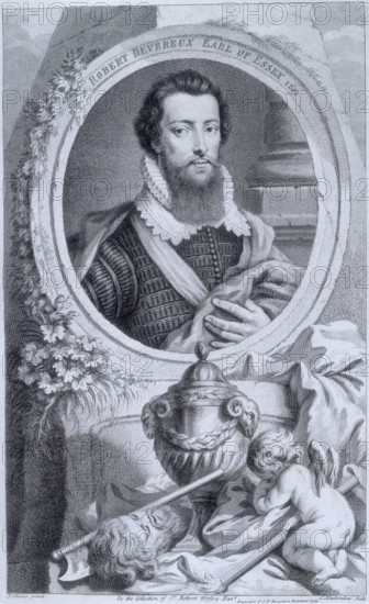 Robert Devereux, 2nd Earl of Essex, c1743-c1751. English courtier and favourite of Queen Elizabeth I (1567-1601). In 1599, he requested that he be made lord lieutenant of Ireland, and went to Ireland to quell the rebellion of the Earl of Tyrone. Essex made an unauthorized truce with Tyrone and returned to England, where he was tried for disobedience, deprived of his offices, and banned from the court. He planned a coup that would get rid of his enemies around the queen and establish those in favour of him around her. However the queen's government was more than prepared, and he was arrested. With great reluctance Elizabeth I signed his death warrant, and Essex was executed. At the bottom of his medallion portrait, is his head and the executioner's axe. A cherub weeps for him.