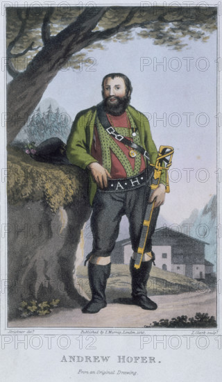Andrew Hofer, 1820. Carrying a sword, and with his initials on his belt. A traditional Tyrolean house is in the distance. Hofer was an Austrian political leader, who in April 1809 led the Tyrol Rebellion. In August the Tyroleans defeated the Bavarians in the third Battle of Mount Isel. The following day Hofer became leader of the government of Tyrol. However due to Austria signing the Peace of Schoenbrunn with Napoleon, the Tyrol had to be given up. Hofer did not give up without a fight, but during the 4th Battle of Mount Isel the Tyrolians were defeated. Hofer had to flee, but was betrayed, arrested and carried off to Mantua, Italy, where he was executed on February 20th 1810.