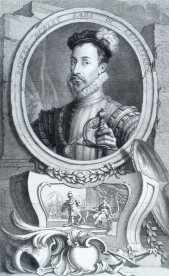 Robert Dudley, Earl of Leicester, c1743-c1751.An English courtier and favourite of Queen Elizabeth I, Dudley (1532-1588) was regarded as her most likely choice for a husband. However his wife's mysterious death in 1560 placed a dark spot on his reputation. In 1561 he suggested to Philip II to restore Roman Catholicism in England in return for Philip's endorsement of his to Elizabeth. Yet by 1563 Elizabeth realised the impracticality of such a marriage. She offered his hand to Mary Queen of Scots and created him Earl of Leicester in 1564, however Mary married Lord Darnley. Below his portrait is a cartouche of a queen receiving a soldier. From "The Heads and Characters of Illustrious Persons of Great Britain, with their Portraits engraven by Mr. Houbraken and Mr. Vertue. With their lives and characters by T. Birch. L.P."
