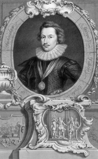 George Villiers, 1st Duke of Buckingham, c1743-c1751. Beneath his portrait is a small vignette of a group of courtiers. An English politician and courtier. Villiers (1592-1628) become Earl of Buckingham in 1617, marquess in 1618, and lord high admiral in 1619. He was an adviser to James I and then Charles I.
