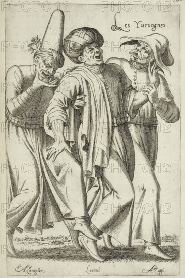 Les Yvrongnes (The Drunkards), 1568. Three men joking and singing, leaning on each other. The two men on the left wear flowers in their hats. The man in the pointed hat looks as if he is being sick. Below each man is a name: 'Azomoglan (Turkish?), Leuentí (Levantine?), Azappi'. Ivrognes in French means 'drunkards' or 'alcoholics'. From "Les quatre premiers livres des navigations et peregrinations orientales , de N. de Nicolay, Dauphinoys, seigneur d'Arfeuille, varlet de chambre, & geographe ordinaire du Roy. Avec les figures au naturel tant d'hommes que de femmes selon la diversité des nations, & de leur port, maintien & habitz" (The first four books of oriental navigations and peregrinations, by N. de Nicolay, Dauphinoys, lord of Arfeuille, chamberlain, and ordinary geographer to the King. With natural figures of both men and women according to the diversity of nations, and their bearing, deportment, and habit).
