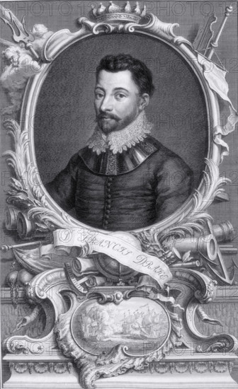 Sir Francis Drake, c1743-c1751. Portrait of Drake (1540-1596) made in the 18th century. Below the medallion portrait are examples of navigational equipment which reflect his role of a navigator; a globe, a compass, rolled up maps, an anchor, telescopes. These surround a small picture of a naval battle, probably a reference to the Spanish Armada. To the left of his portrait is a trident, an attribute of the sea god Neptune, and two cherubs representing the winds. The bottom of the plinth is decorated with shells, another reference to the sea. Drake circumnavigated the globe 1577-1580, and played an important role in defeating the Spanish Armada in 1588. From "The Heads and Characters of Illustrious Persons of Great Britain, with their Portraits engraven by Mr. Houbraken and Mr. Vertue. With their lives and characters by T. Birch. L.P."