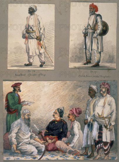 Portraits of known Indian thugs, c1851-c1857. At top left is 'Doorga (or Durga) Daleet, a Jamadar of Thugs', and at top right 'Chabida Amaun, a noted Thug leader'. They are portrayed with swords and daggers. Below is Durga-dalad, smoking a pipe, with supporters in attendance. Historically a thug was a member of a religious organisation of robbers and murderers in India.