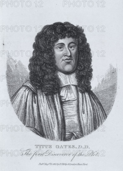 Titus Oates, D.D., The first Discoverer of the Plot, 1813. In 1677, English conspirator and Anglican priest Titus Oates (1649-1705) fabricated the "Popish Plot", a supposed Catholic conspiracy to kill King Charles II. He was condemned by Judge Jeffreys to imprisonment for life. In addition it was ordered that he would stand annually in the pillory at particular spots, and every May, to be flogged from Aldgate to Newgate. Under William III he was released and pensioned. From "Portraits, memoirs, and characters of remarkable persons, from the reign of King Edward the third, to the revolution, etc".