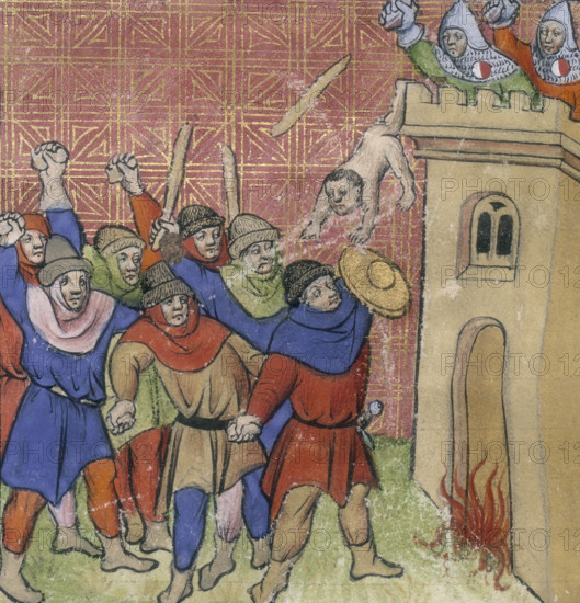 Third Crusade of Pastoureaux, c1375-c1400. Depiction of Pastoureaux killing 500 Jews at Verdun-sur-Garonne in 1320. The term 'pastoreaux' refers to shepherds. A fire burns at the base of a tower, from which a child is apparently thrown by soldiers. Below is a band of men wielding clubs. The Shepherds' Crusade of 1320 resulted in the murders of hundreds of Jews in France and Aragon. From "Chroniques de France ou de St. Denis".