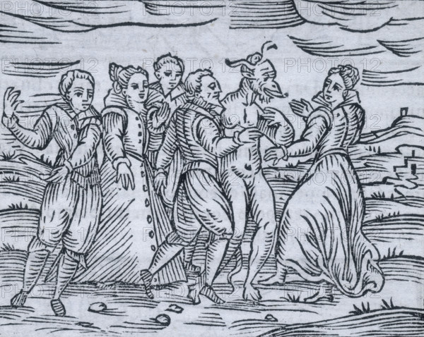 Dancing with the devil on the Sabbath, 1608. Men and women frolicking with the devil, who is depicted with a human body but with an animal head and hooves, horns and a tail. From the "Compendium Maleficarum".