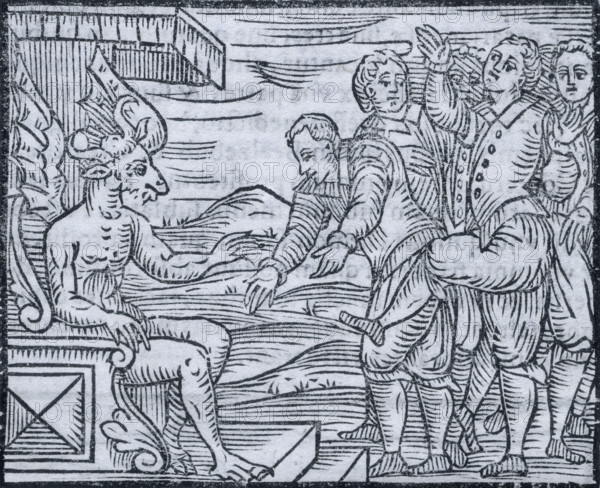 Sorcerers paying homage to the devil, 1608. The horned and winged devil sits on a throne receiving a line of sorcerers, who wait to bow before before him. From the "Compendium Maleficarum".