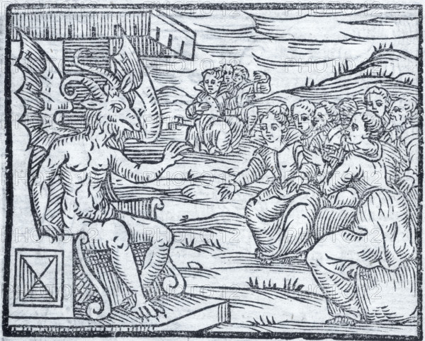 Satan pronounces a discourse to sorcerers, 1608. Women and men sit at the feet of an enthroned devil, listening to his speech. From the "Compendium Maleficarum".