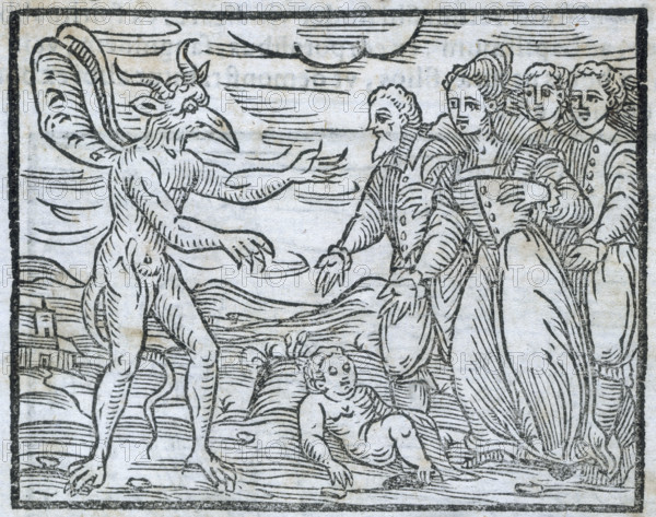 Sorcerers presenting a child to the devil, 1608. People lay the child at the feet of the devil as a gift. From the "Compendium Maleficarum".