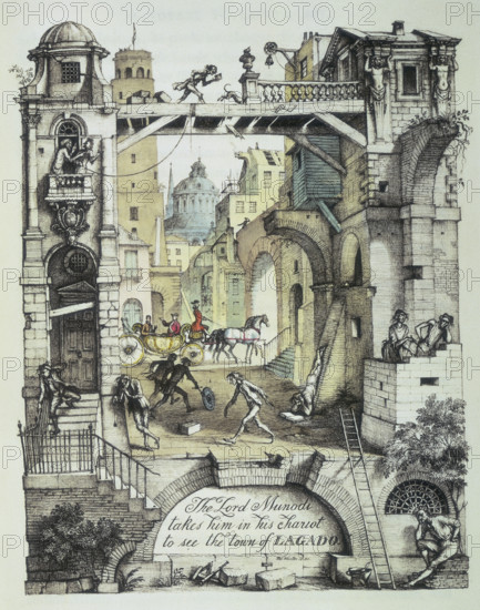 The Lord Munodi takes him in his chariot to see the town of Lagado, 1931. The lord and his companion travel through the city in an elaborate carriage. The lord gestures to his surroundings. In contrast to the colourful background and gold carriage is the broken black and white arch in the foreground. Poverty-stricken figures can be seen leaning against the arch, stumbling down the steps, and reading a book whilst walking along a dilapidated walkway. Illustration from 'Gulliver's Travels' by Jonathan Swift.